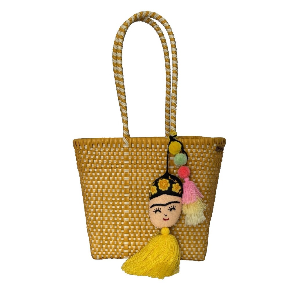 Mexican Woven Plastic Tote Bag Market Beach Frida Tassel Yellow White Handmade
